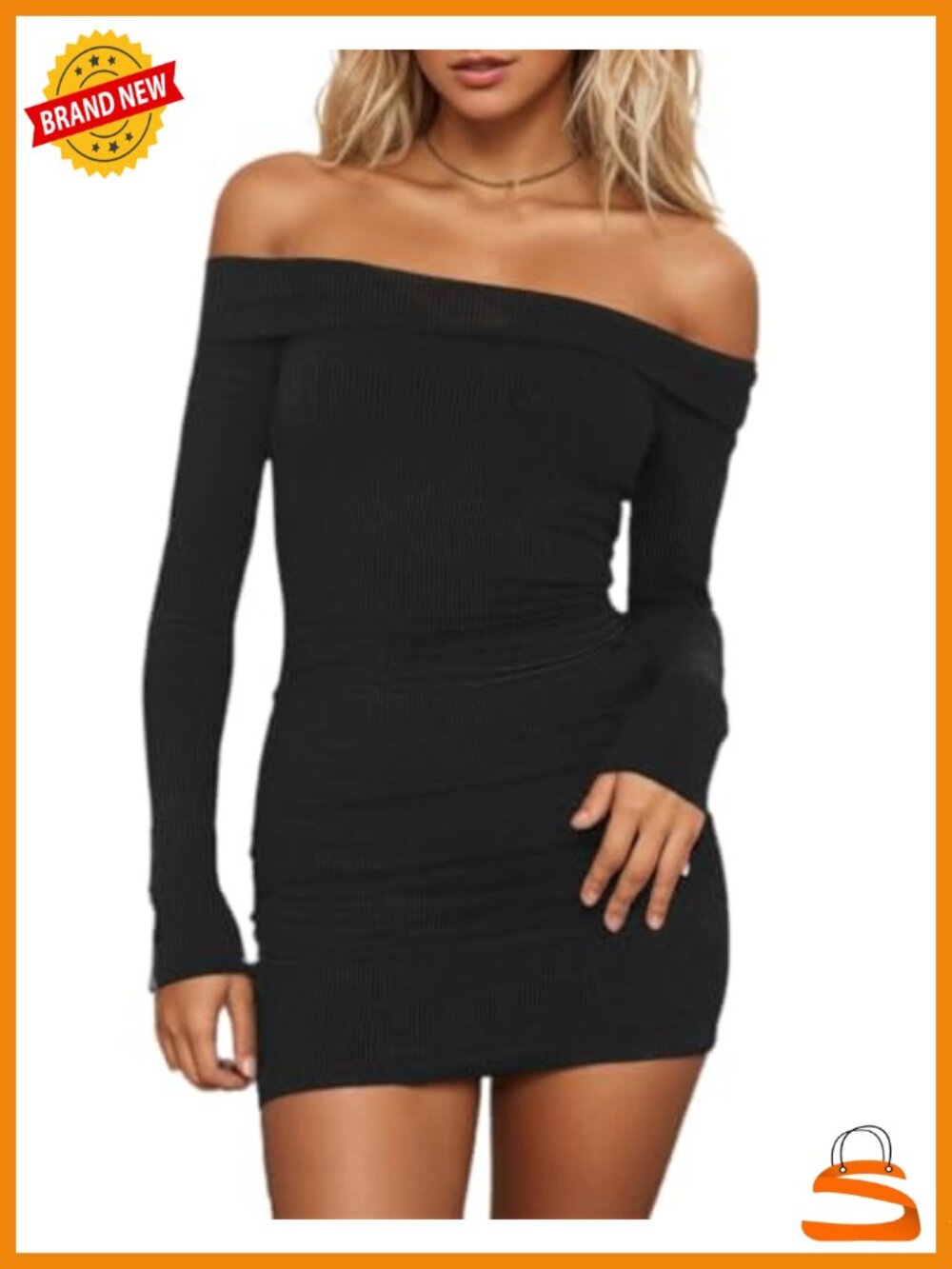 Off Shoulder Ribbed Long Sleeve Bodycon Mini Dress Party Club